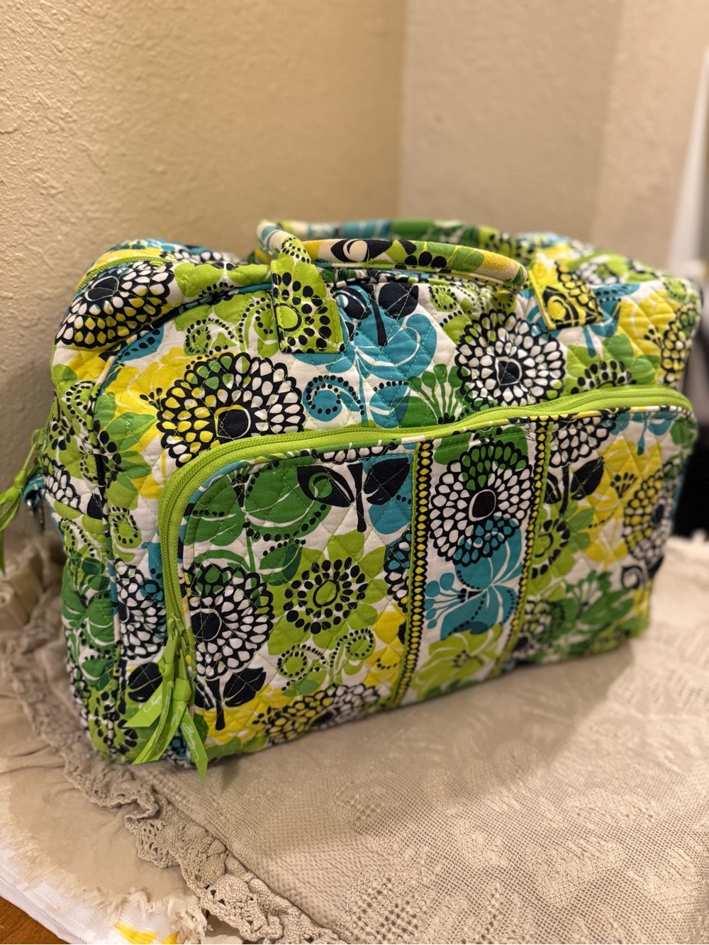 Vera Bradley Quilted Floral Travel Bag in Lime Green, Teal & Black